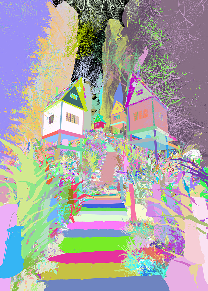 Mountain Cottage colorful sketch composition