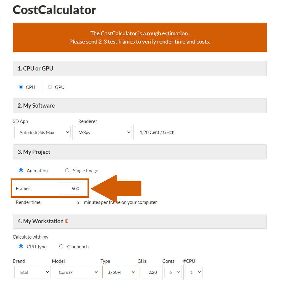 渲染农场 CostCalculator 的帧数选择