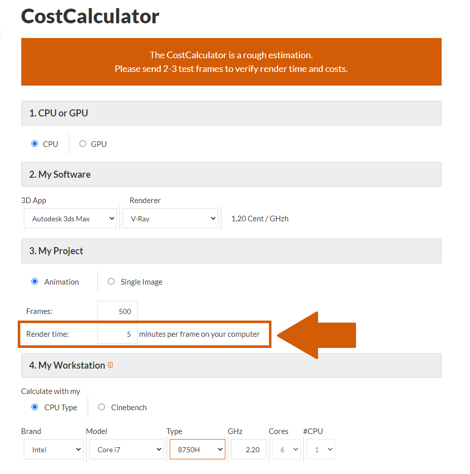 渲染农场 CostCalculator 渲染时间选择