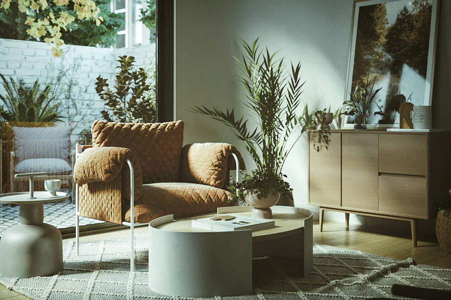Archviz of brown Armchair in a cozy living Room