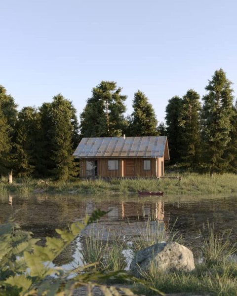 Rendered forest cottage