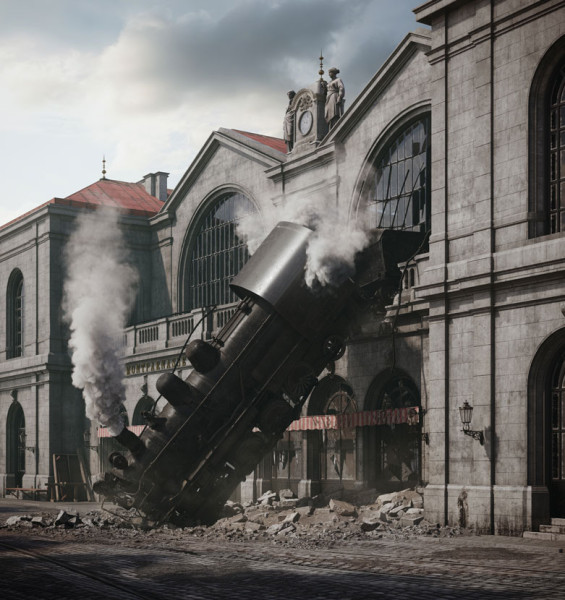 rendered train falling out of a trainstation rendered at RebusFarm