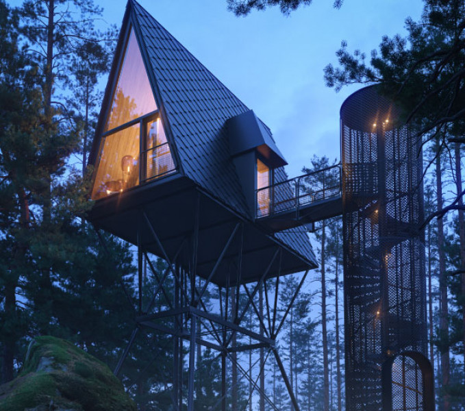 3D treetop cabin in the forest