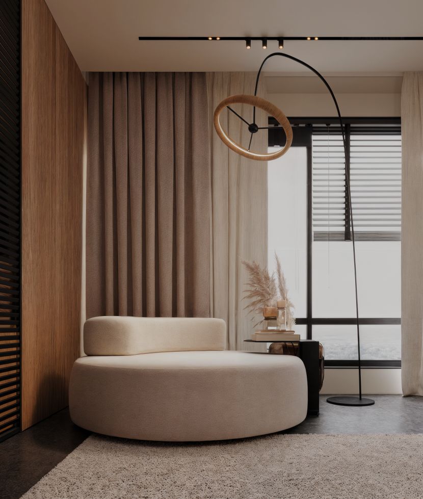 Minimal Room Rendering by Tina Tajadood rendered at RebusFarm: bedroom seat